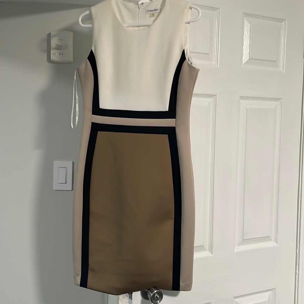 Calvin Klein white/tan/black zip up business professional dress